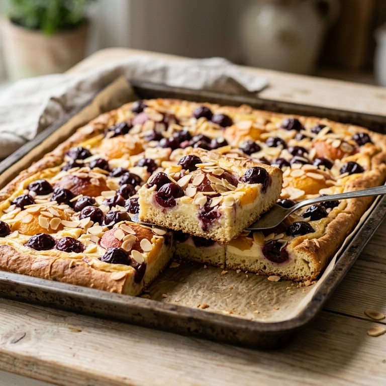 Kersen=perzikenplaatkoek