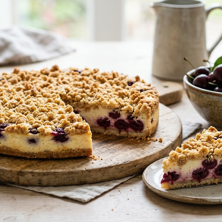 Kersenkwarktaart met kruimeltopping