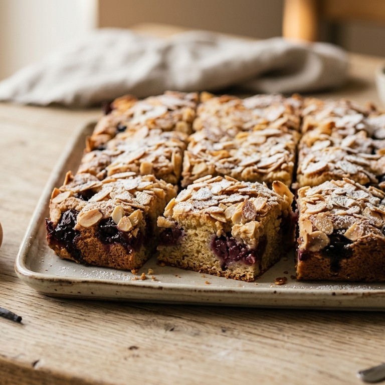 Kersenplaatcake met amandelkorst