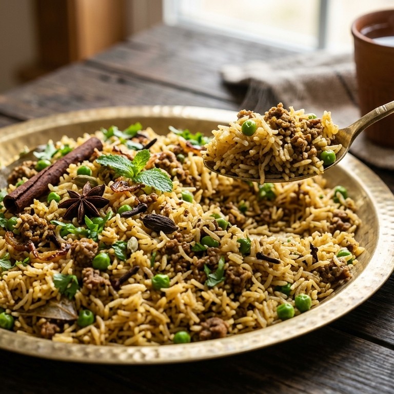 Kheema mattar pilau (rijst met lamsgehakt en doperwtjes)