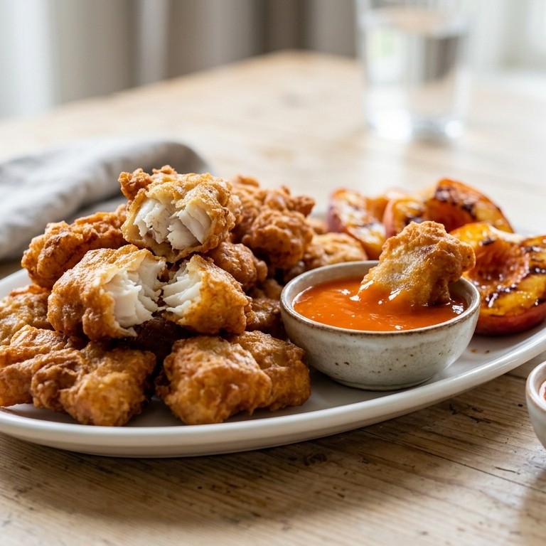 Kibbeling met perzik en zoetzure saus