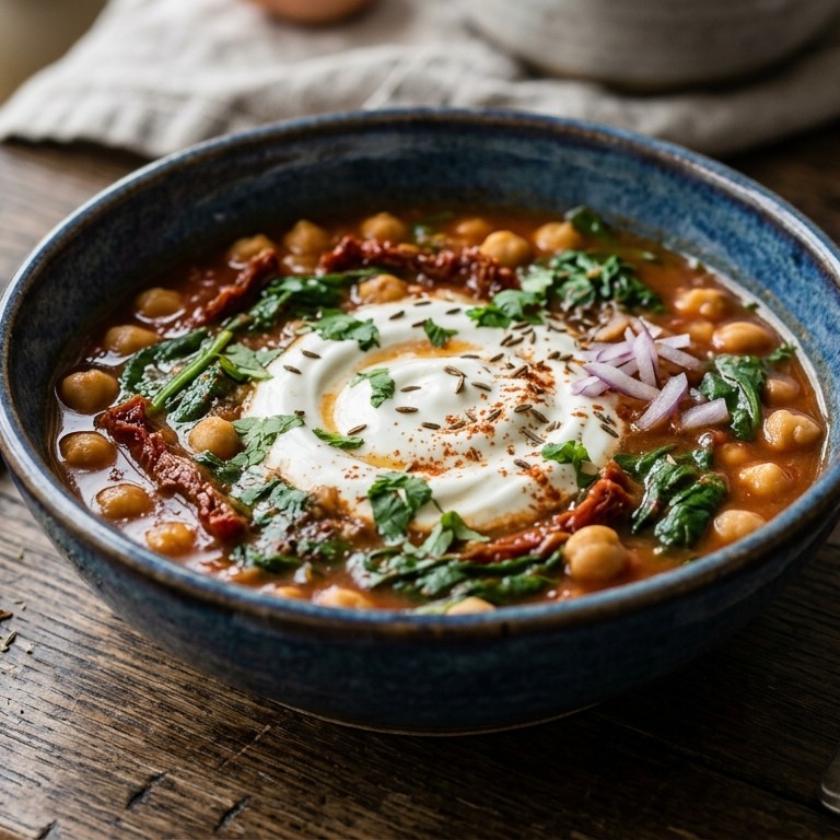 Kikkererwtensoep met yoghurt en spinazie
