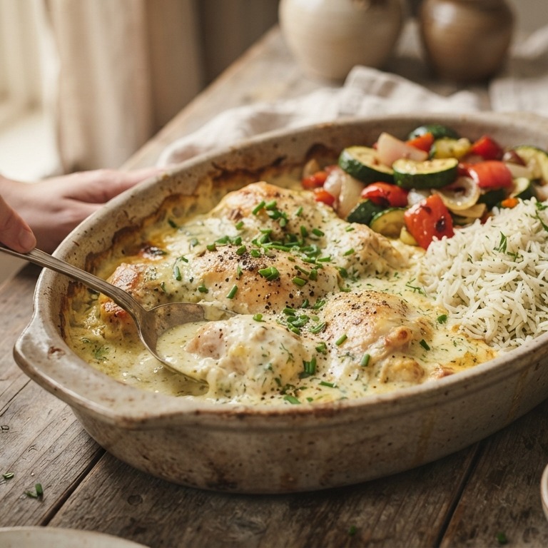 Kip in een yoghurtsaus uit de oven met bieslook en rijst met gebakken groenten