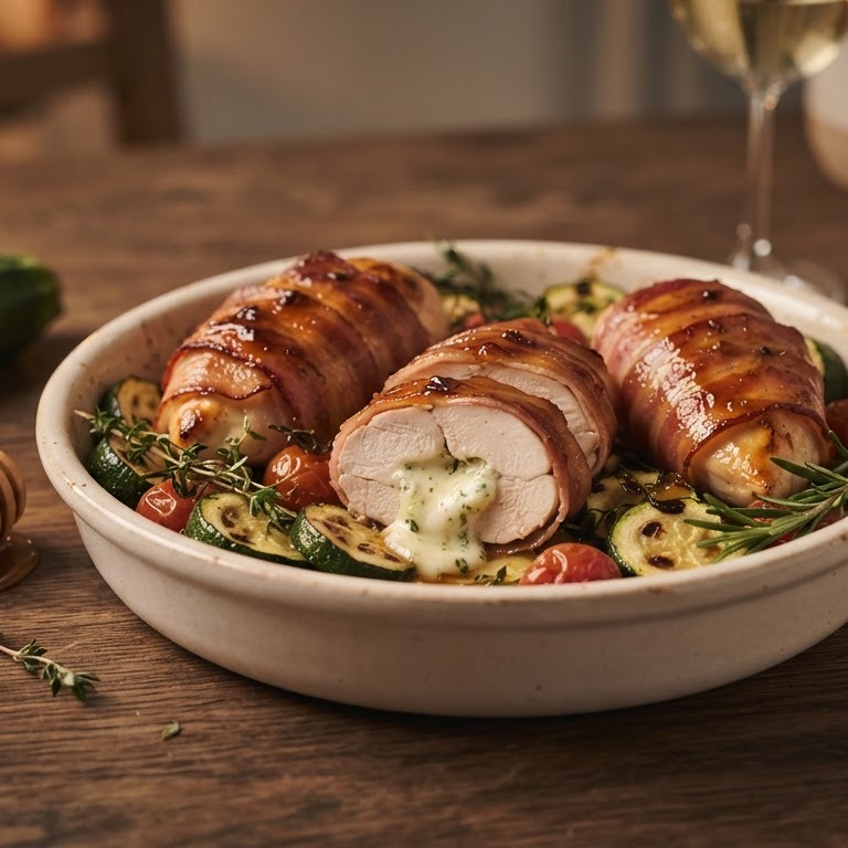 Kip met boursin, honing en bacon
