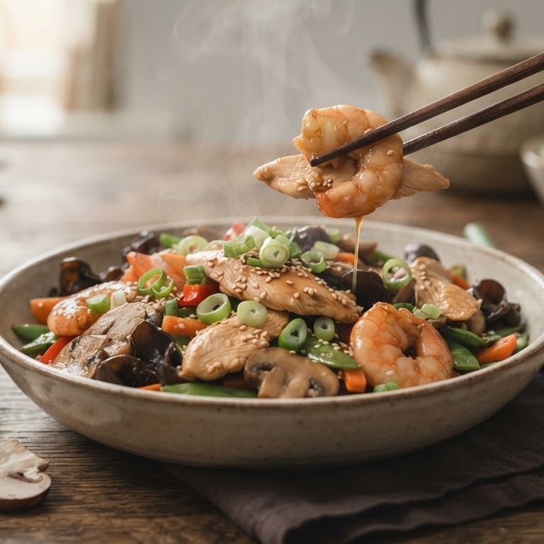 Kip met champignons en grote garnalen