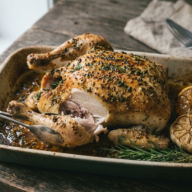 Kip met groene kruiden en mosterd uit de oven