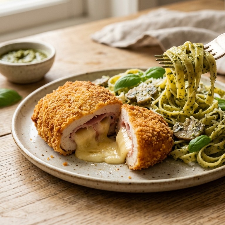 Kipcordon blue met tagliatelle en pestosaus