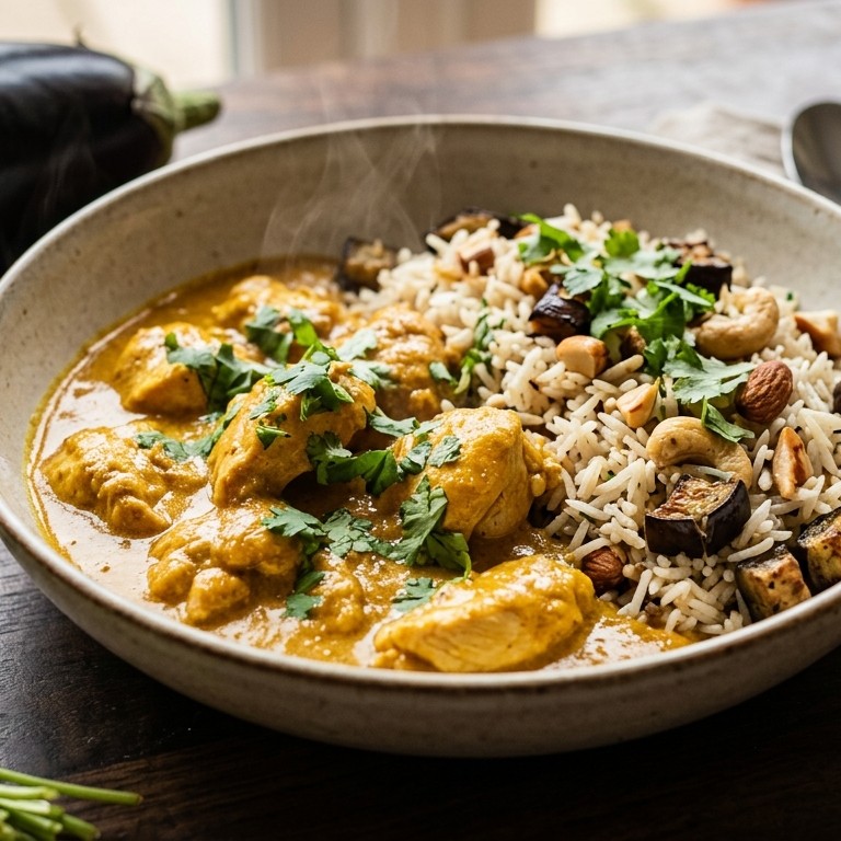 Kipcurry met noten-auberginerijst