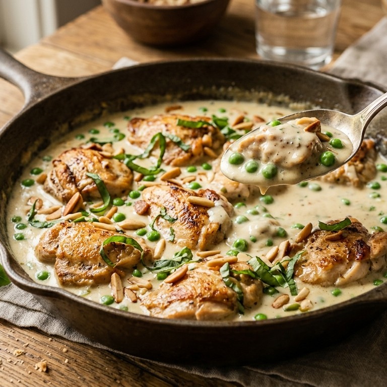 Kipfilet in een gorgonzolaroomsaus met geroosterde amandelen