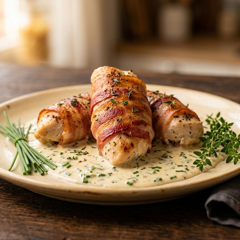 Kipfilet in spek met roomsaus
