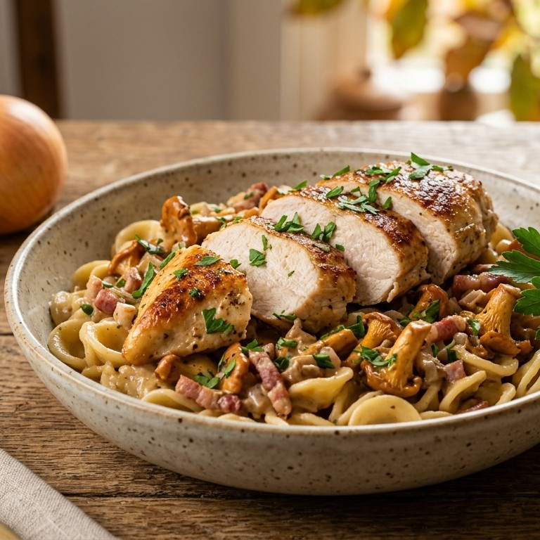 Kipfilet met cantharellenroom en pasta