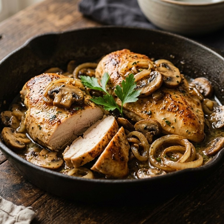 Kipfilet met champignons en uiringen