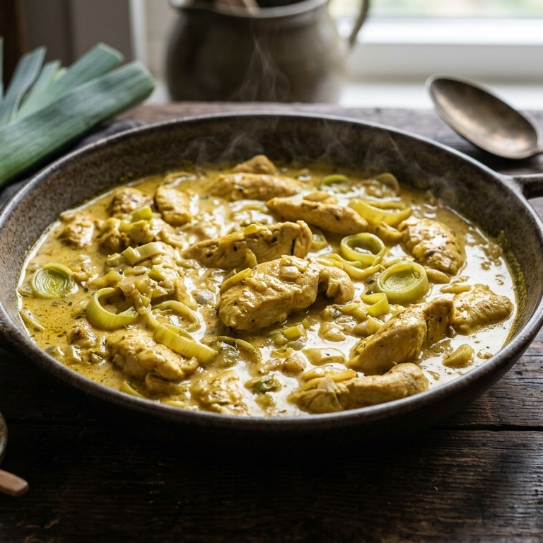 Kipfilet met prei in romige currysaus