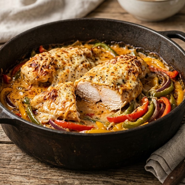 Kipfilet uit de oven met paprika-cognac-roomsaus