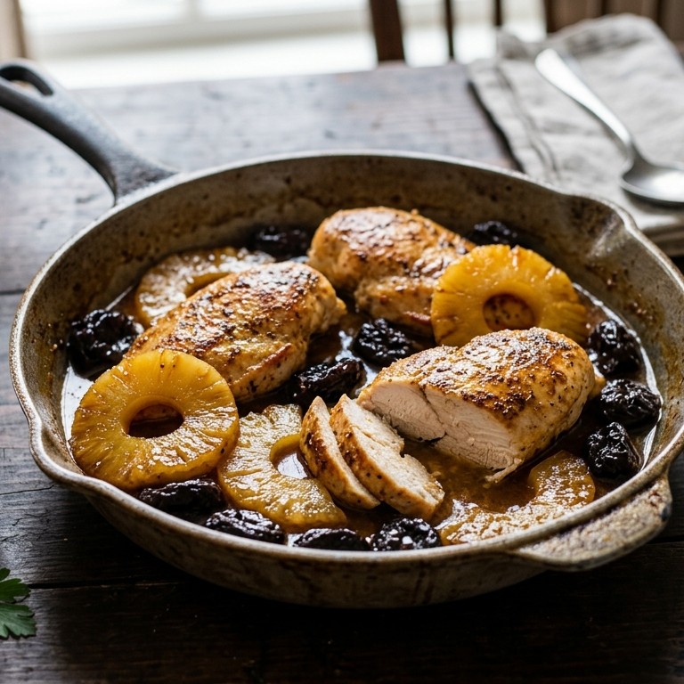 Kipfilets met ananas en pruimen