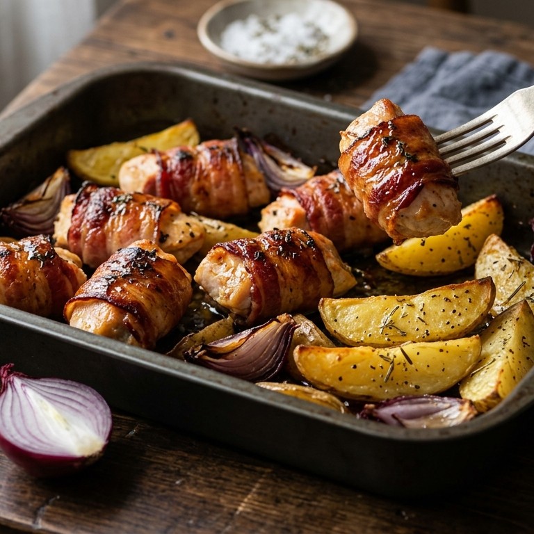 Kipfilets stukjes omwikkeld met spek uit de oven
