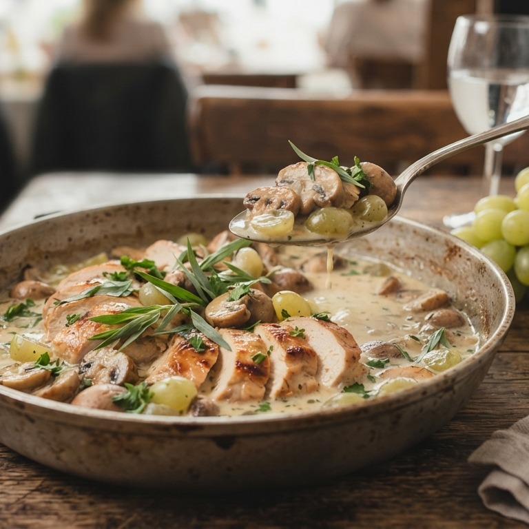 Kippenborst met champignnons in witte wijn