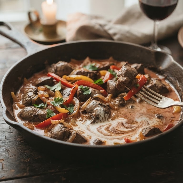 Kippenlevertjes met creme fraiche en tomatenpuree