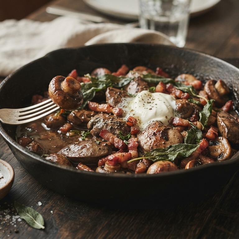Kippenlevertjes met spekjes en champignons