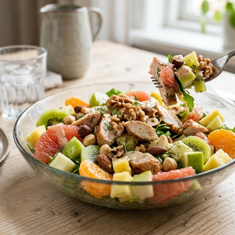 Kippensalade met fruit en noten