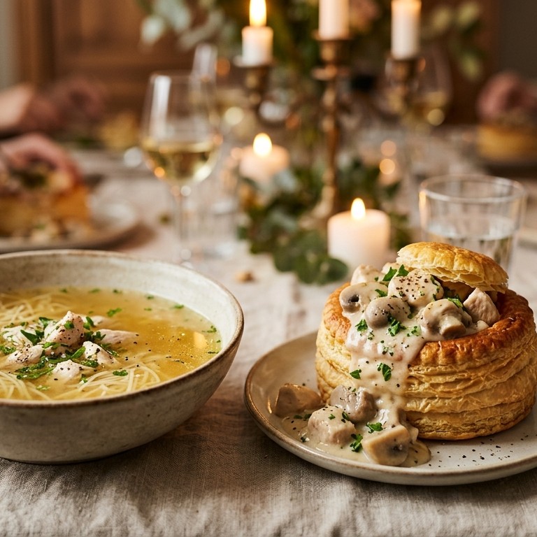 Kippensoep en pasteitje van kippenragout (Vidée / Fideke) voor 6 personen