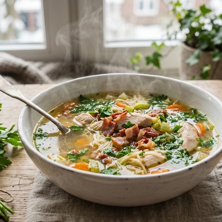 Kippensoep met kipfilet en spekjes