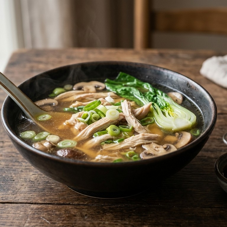 Kippensoep met paksoi, bosui en champignons