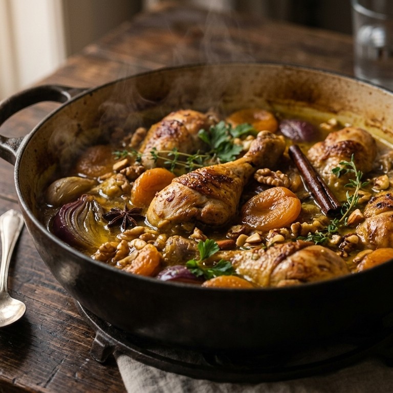 Kippenstoofpotje met noten en abrikozen