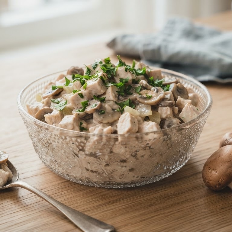 Kipsalade met champignons, sherry en ui