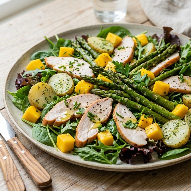 Kipsalade met mango en asperges