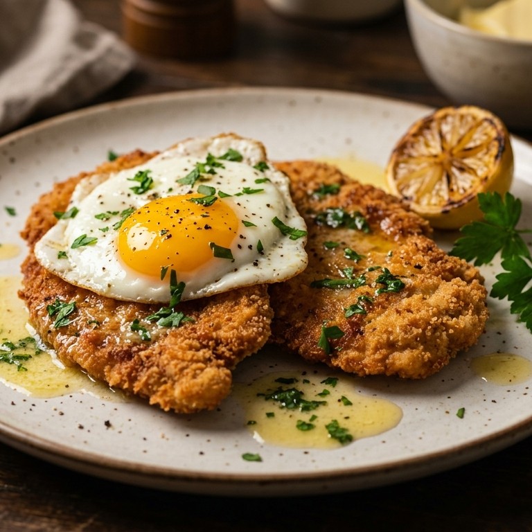 Kipschnitzel met ei en gewelde boter