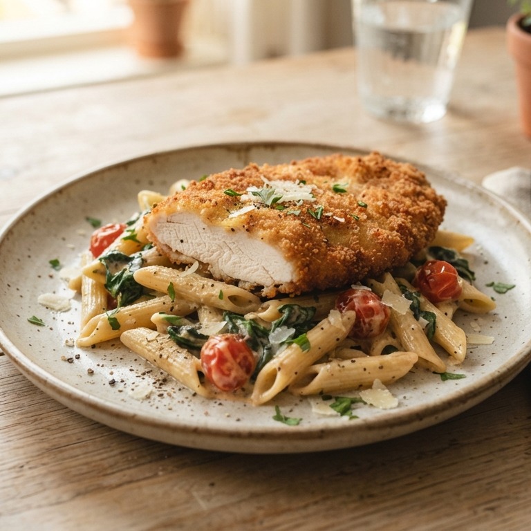 Kipschnitzel met spinaziepasta