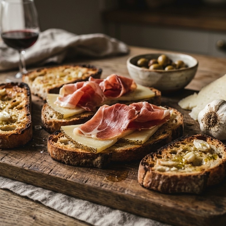 Knoflookbrood met schapenkaas en serranoham