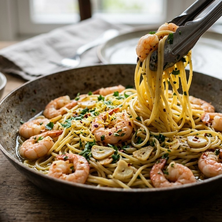Knoflookgarnalen met pasta