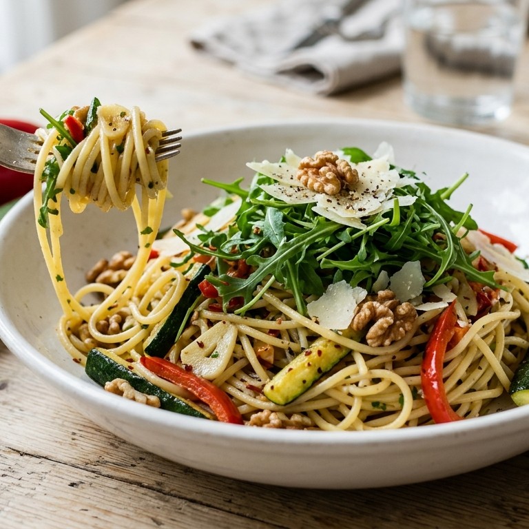 Knoflookspaghetti met rucola en noten