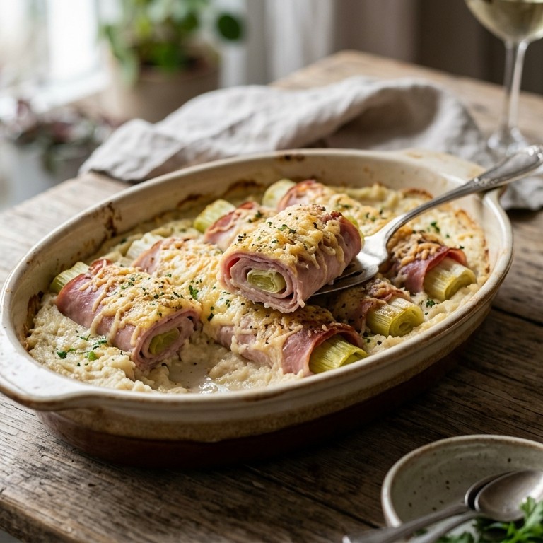 Knolselderijpuree met ham-preirolletjes