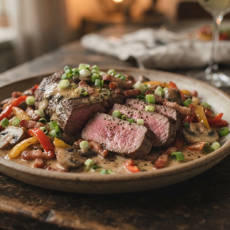 Kogelbiefstuk met champignons, paprika en spekjes