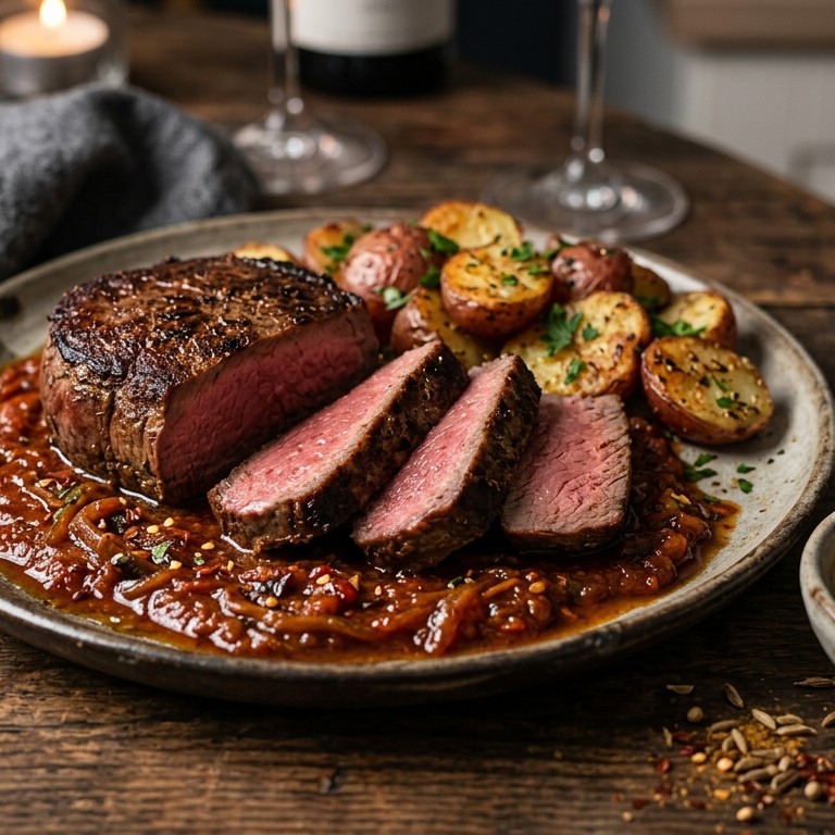Kogelbiefstuk met Ras El Hanoutsaus