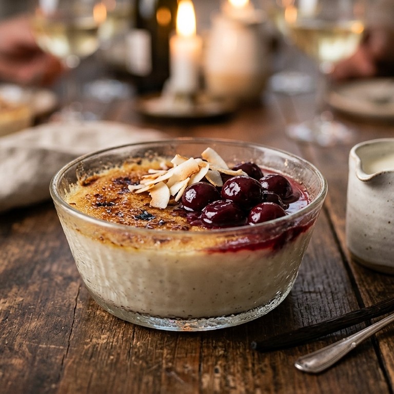 Kokoscrème met warme kersen en verse eidooiers
