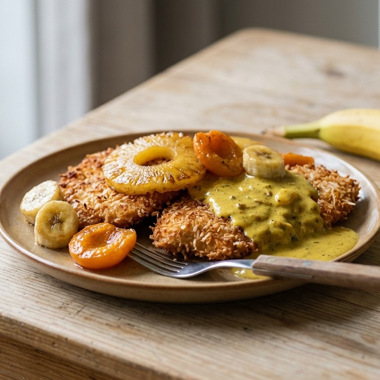 Kokoskippenschnitzel met gebakken vruchtjes