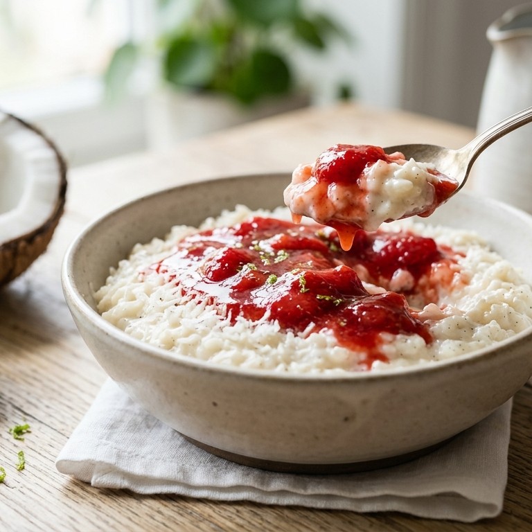 Kokosrijst met aardbeiensaus