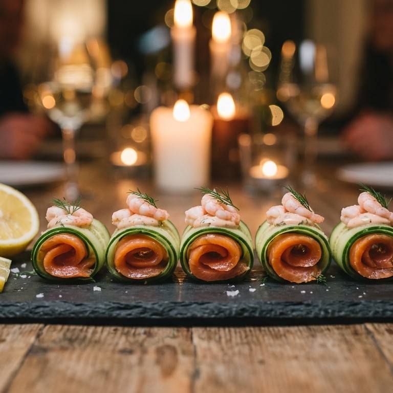 Komkommer met garnalen en gerookte zalm