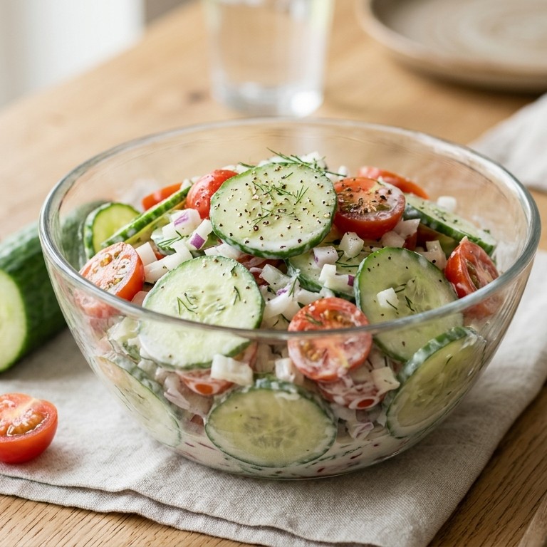 Komkommer-tomaat salade met ui en suiker