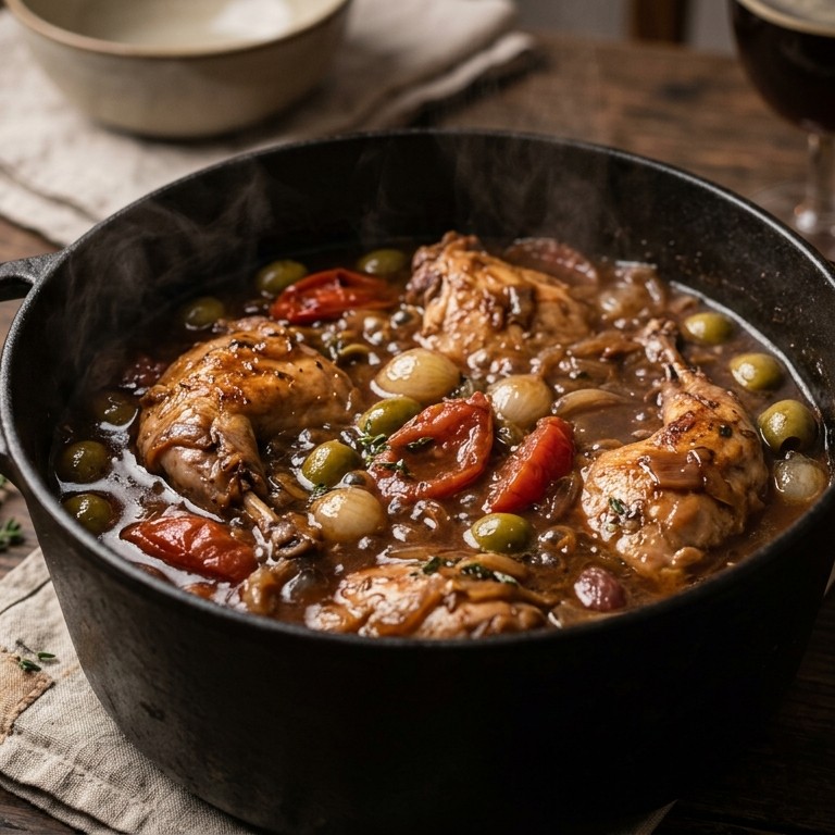 Konijn met abdijbier, olijven en tomaten
