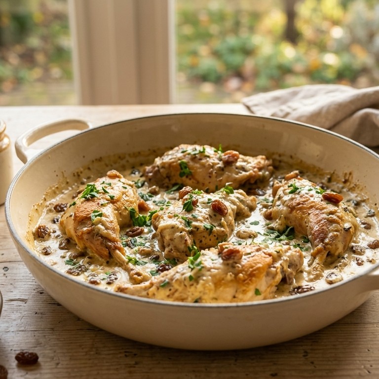 Konijnenbout met rozijnen-cremesaus