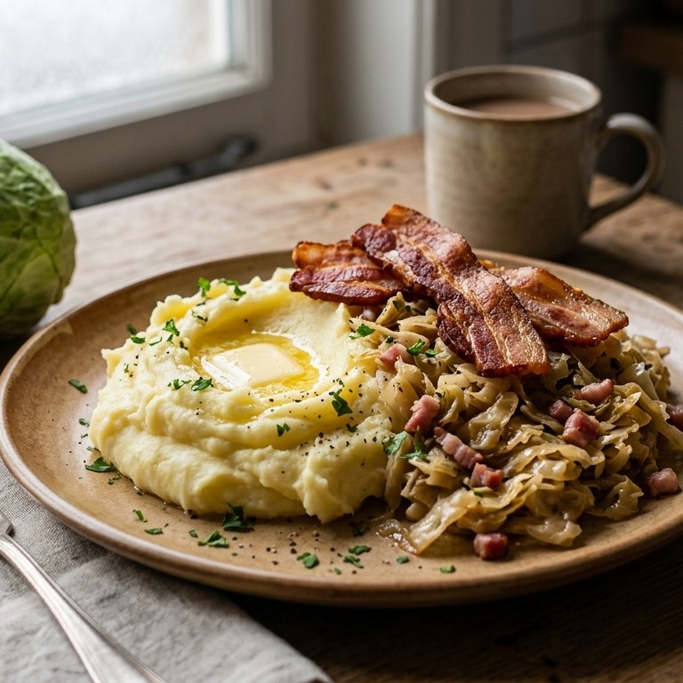 Kool met aardappelpuree en spek