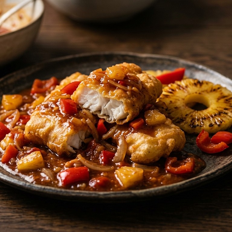 Koolvisfilet met paprika-ananassaus