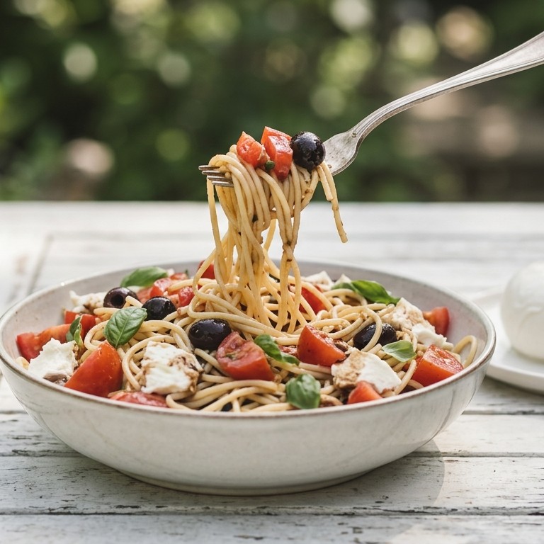 Koude pasta salade met zwarte olijven en tomaat