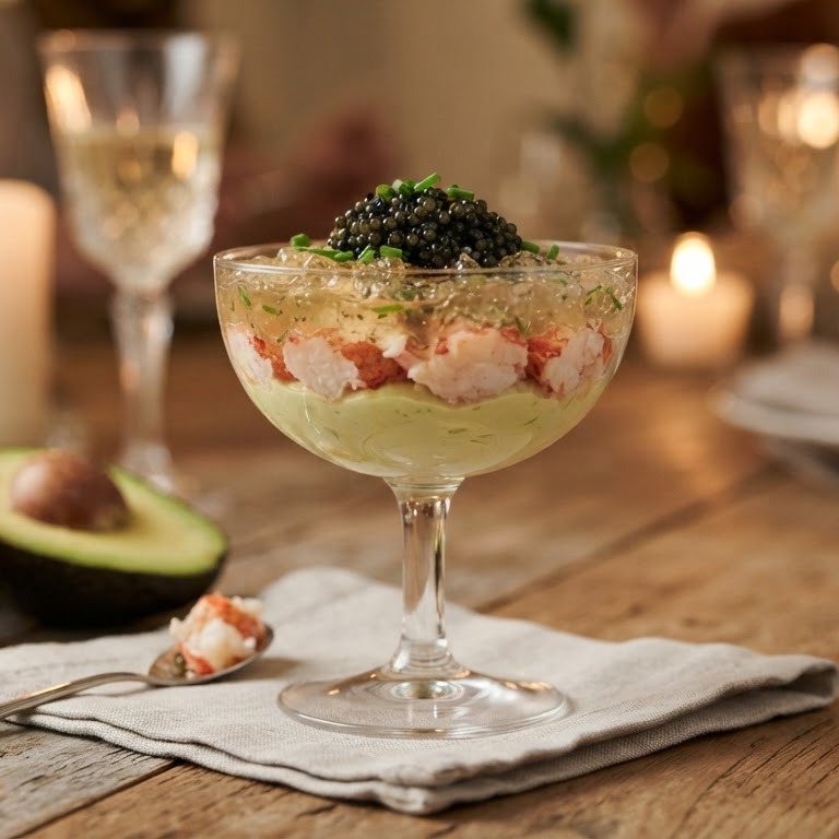 Kreeftencocktail met citroenroom, champagne gelei en kaviaar