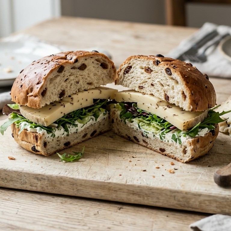 Krentenbolsandwich met komijnekaas